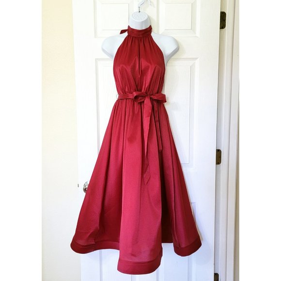 Lulus Effortless Grace Backless Halter Neck Midi Dress w/Structured Skirt & Sash - Picture 3 of 3